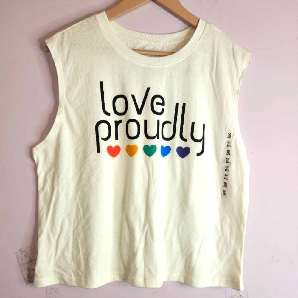 AWAKE Juniors “Love Proudly “ Rainbow Hearts Muscle Tee, size 2XL